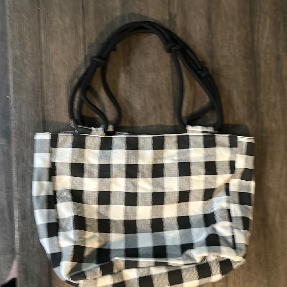 Farmhouse Is My Style Black and White Plaid Canvas Cotton Tote Bag. NWOT.